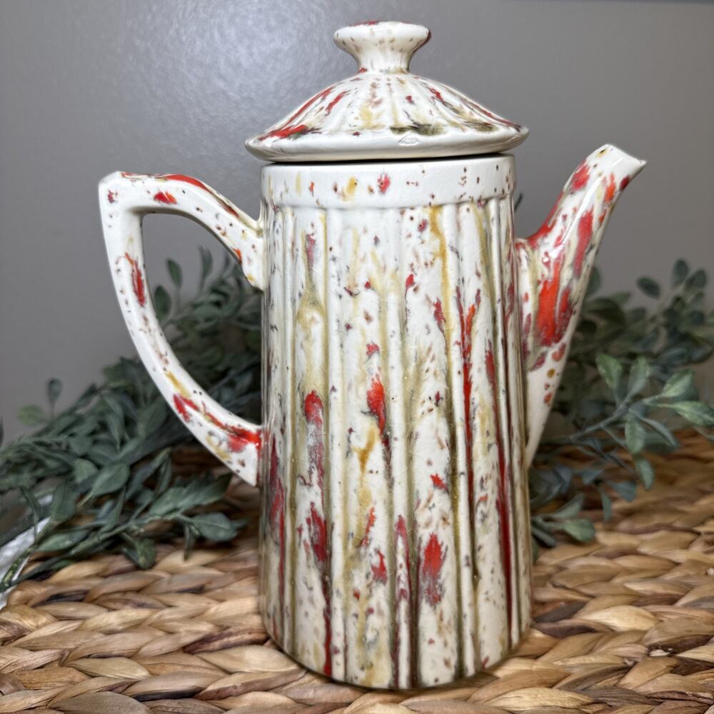 Vintage Studio Pottery Coffee Pot Red Drip Glaze Fluted Ceramic 10” MCM, Chips - Picture 5 of 13